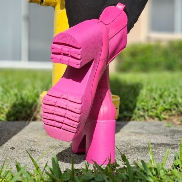 Women's Platform Heel Boots Chunky Ankle Pink Color - Picture 7 of 7